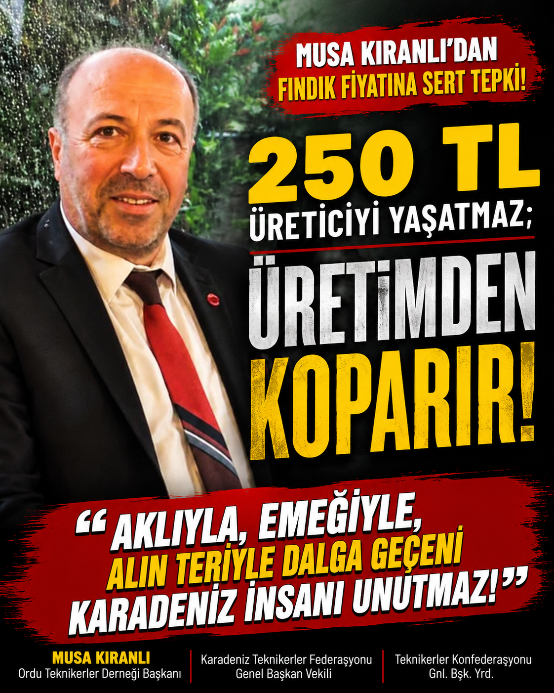 Musa Kıranlı’dan Fındık Fiyatına Sert Tepki: "250 TL Üreticiyi Yaşatmaz, Üretimden Koparır"