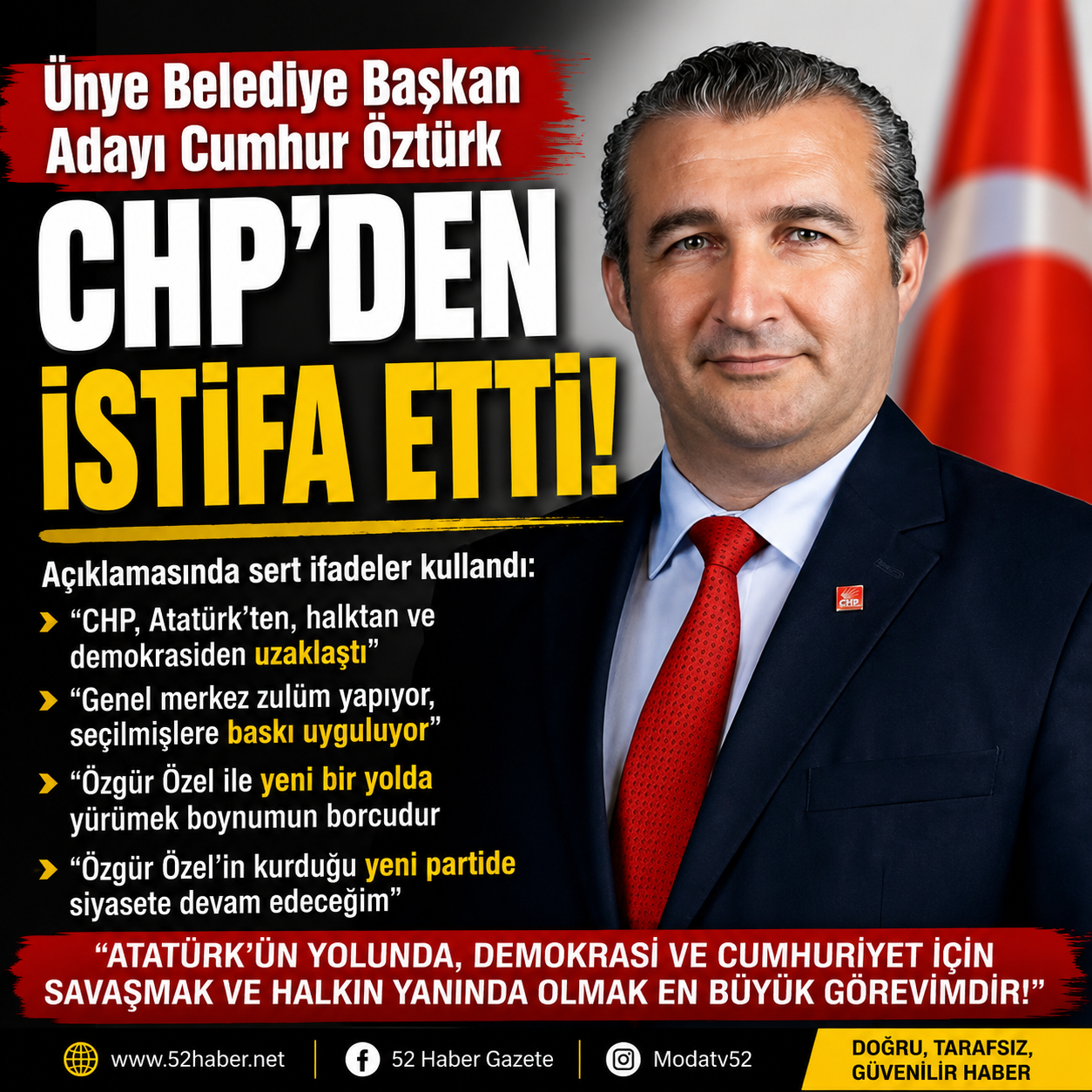 CHP'nin Ünye Belediye Başkan Adayı Cumhur Öztürk Partisinden İstifa Etti